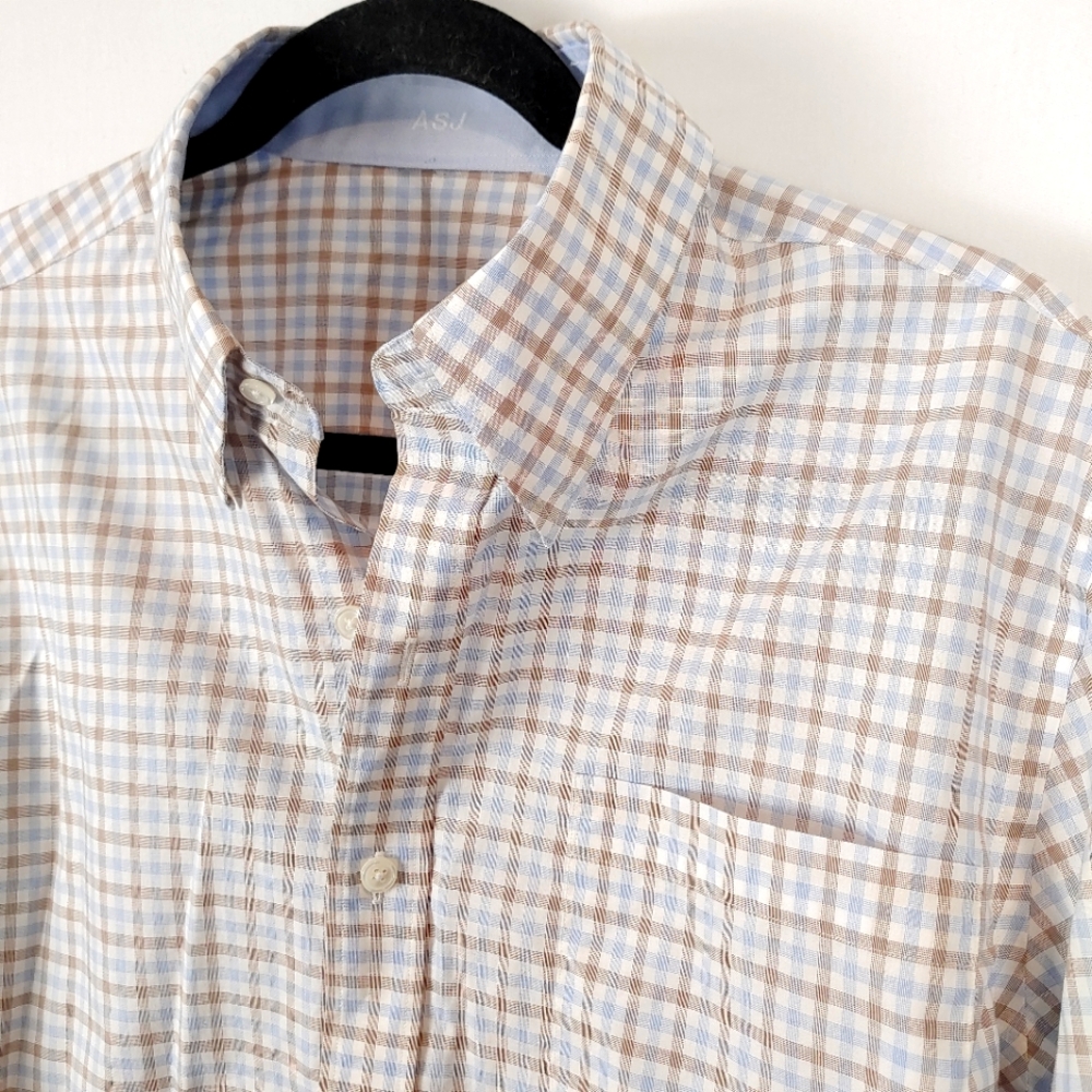 J. Hilburn Blue & Tan Check Casual Button Down Long Sleeve Shirt Size M-L